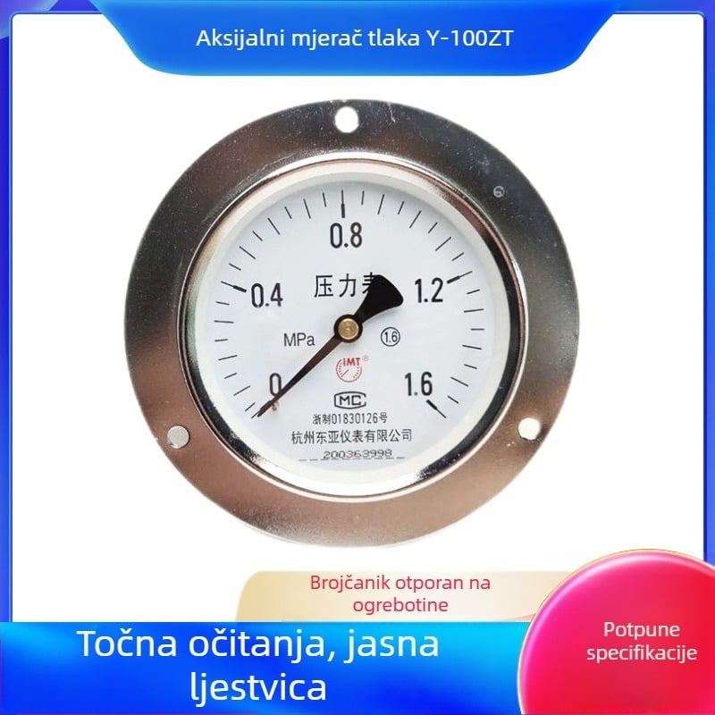 Y-100ZT Axijalni manometar s rubom – za zrak, ulje, vodu, vakuum i visok tlak