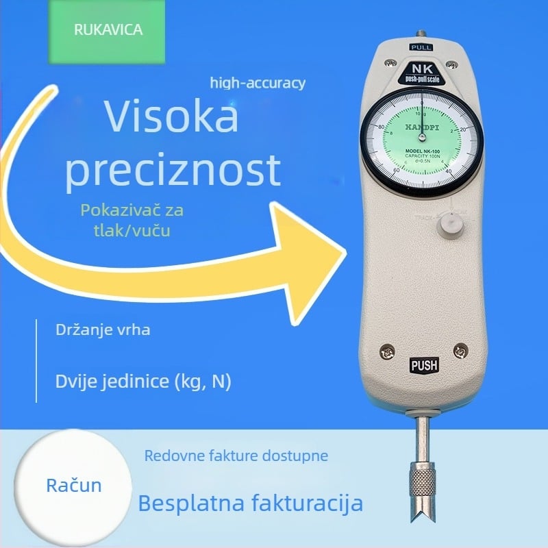 Dinamometar s pokazivačem, tip tlač–vučenje, model NK20N, kapacitet 2 kg, točnost 1%, raspon mjerenja 0-500 N