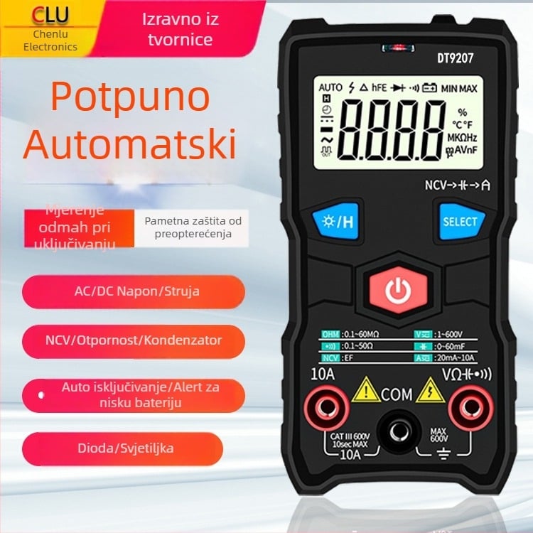 Digitalni multimetar DT9207 (Automatski raspon; DC 6-600V; AC 6-600V; Kapacitet 0-60µF)