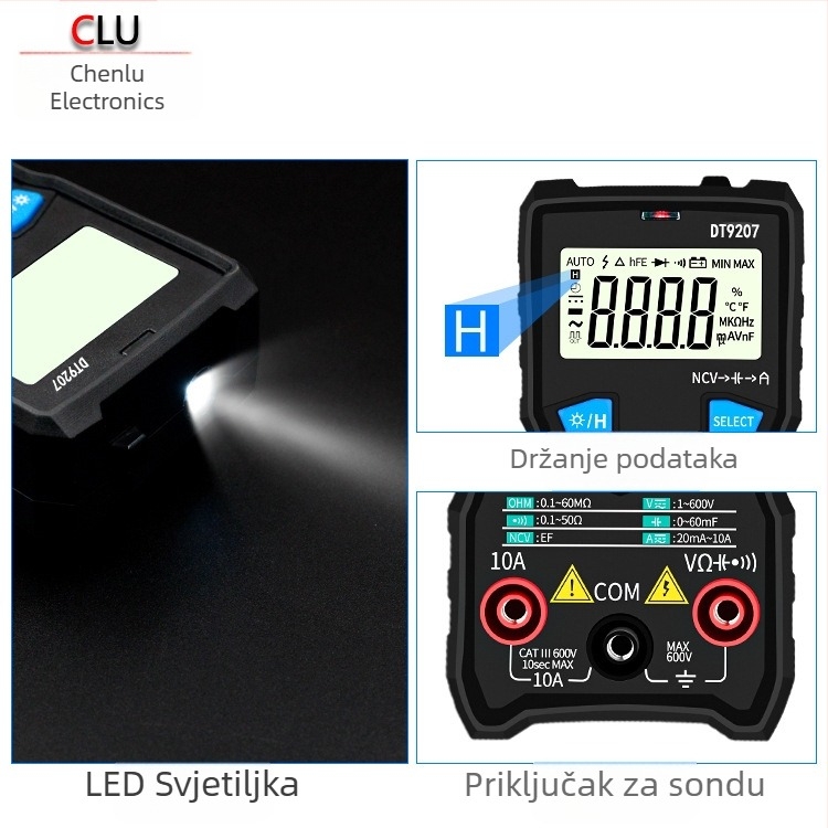 Digitalni multimetar DT9207 (Automatski raspon; DC 6-600V; AC 6-600V; Kapacitet 0-60µF)