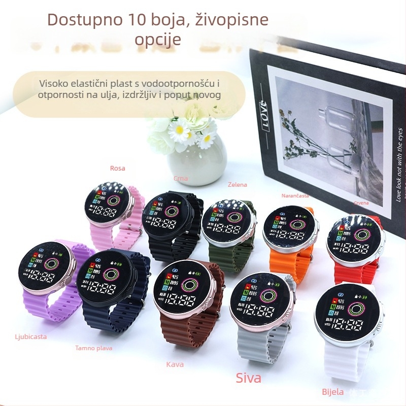 Elektronički sat za vanjske sportove s kvadratnim cifernikom, brojčanim prikazom, elektroničkim mehanizmom, plastičnim kućištem i plastičnim kaišem