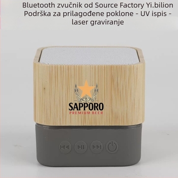 Bambusni Bluetooth zvučnik s graviranim logom, kvadratni bežični mini zvučnik — Bluetooth 5.3, 60 Hz–15 kHz, ≥85 dB SNR, domet 10 m, baterija 500–800 mAh