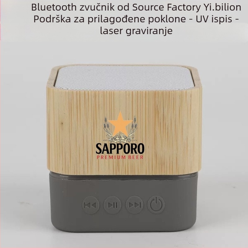 Bambusni Bluetooth zvučnik s graviranim logom, kvadratni bežični mini zvučnik — Bluetooth 5.3, 60 Hz–15 kHz, ≥85 dB SNR, domet 10 m, baterija 500–800 mAh