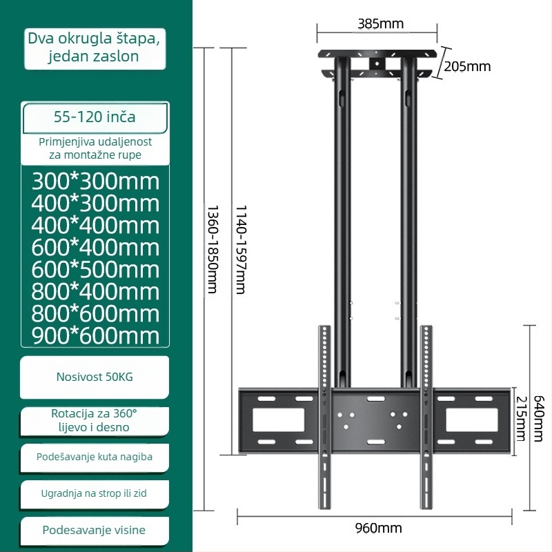 Stropni nosač televizora za više zaslona, željezni okvir, moguć na zid, nosivost do 15 kg, univerzalni sve-u-jednom dodatak