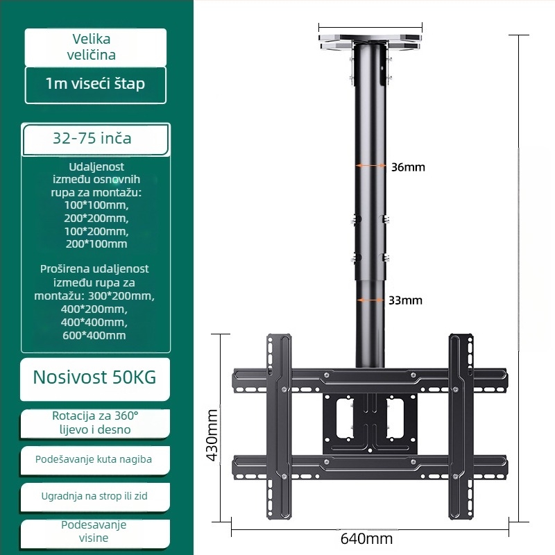 Stropni nosač televizora za više zaslona, željezni okvir, moguć na zid, nosivost do 15 kg, univerzalni sve-u-jednom dodatak
