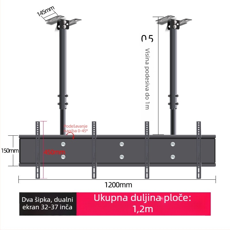 Stropni nosač televizora za više zaslona, željezni okvir, moguć na zid, nosivost do 15 kg, univerzalni sve-u-jednom dodatak