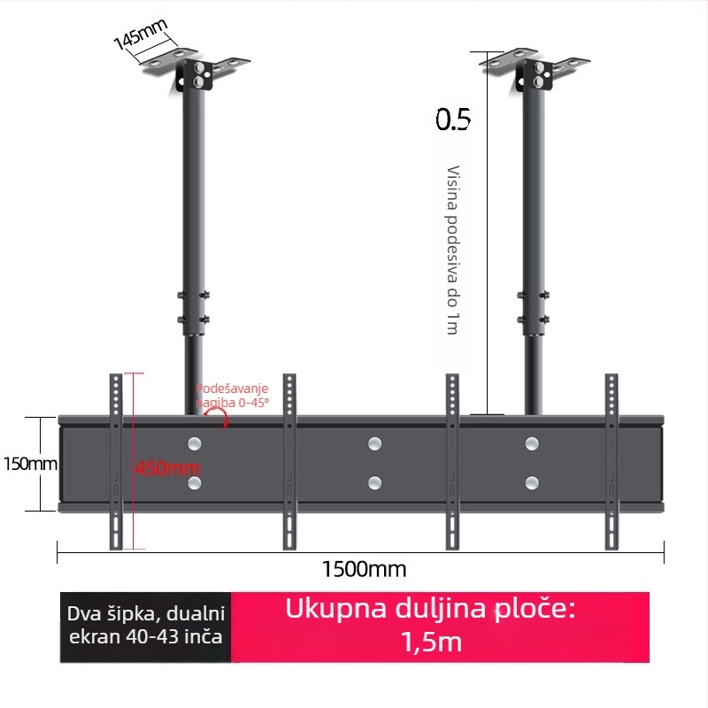 Stropni nosač televizora za više zaslona, željezni okvir, moguć na zid, nosivost do 15 kg, univerzalni sve-u-jednom dodatak