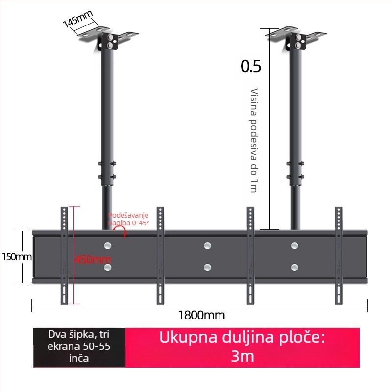 Stropni nosač televizora za više zaslona, željezni okvir, moguć na zid, nosivost do 15 kg, univerzalni sve-u-jednom dodatak