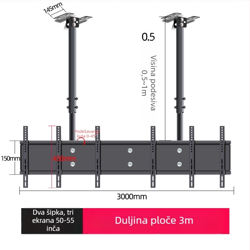 Stropni nosač televizora za više zaslona, željezni okvir, moguć na zid, nosivost do 15 kg, univerzalni sve-u-jednom dodatak