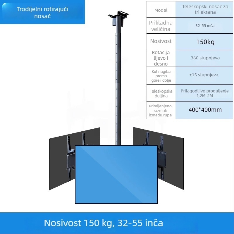 Stropni nosač televizora za više zaslona, željezni okvir, moguć na zid, nosivost do 15 kg, univerzalni sve-u-jednom dodatak
