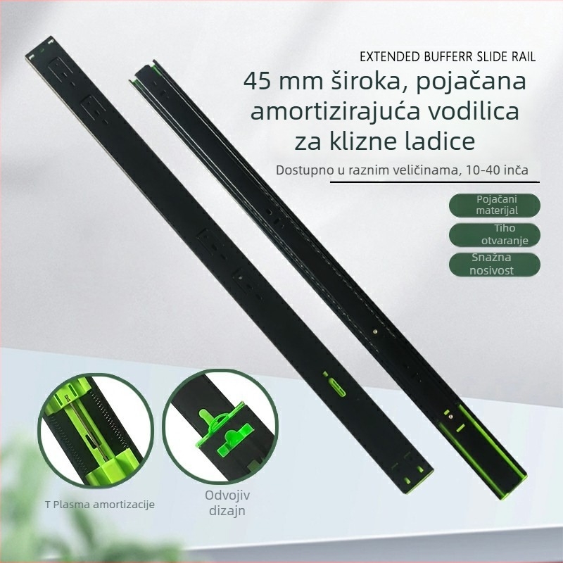 Tri-sekcijska klizna vodilica za ormariće i ladice s tlmičem; tih rad; Materijal: hladno valjani čelik; Površina: elektroforeza; Pogodno za ormariće, ladice i podloge za tipkovnice