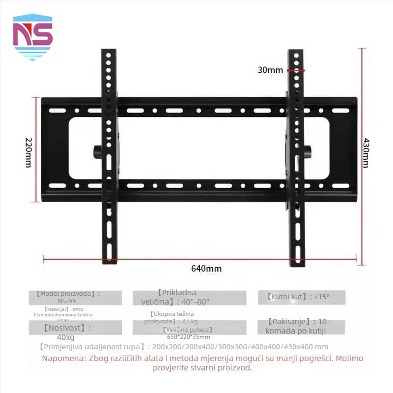Zidni nosač za televizor s mogućnošću ljuljanja i teleskopskog podešavanja, metalna konstrukcija, mehaničko upravljanje, nosivost iznad 15 kg