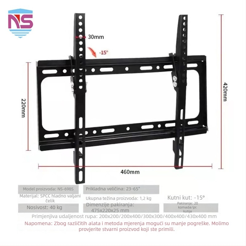 Zidni nosač za televizor s mogućnošću ljuljanja i teleskopskog podešavanja, metalna konstrukcija, mehaničko upravljanje, nosivost iznad 15 kg