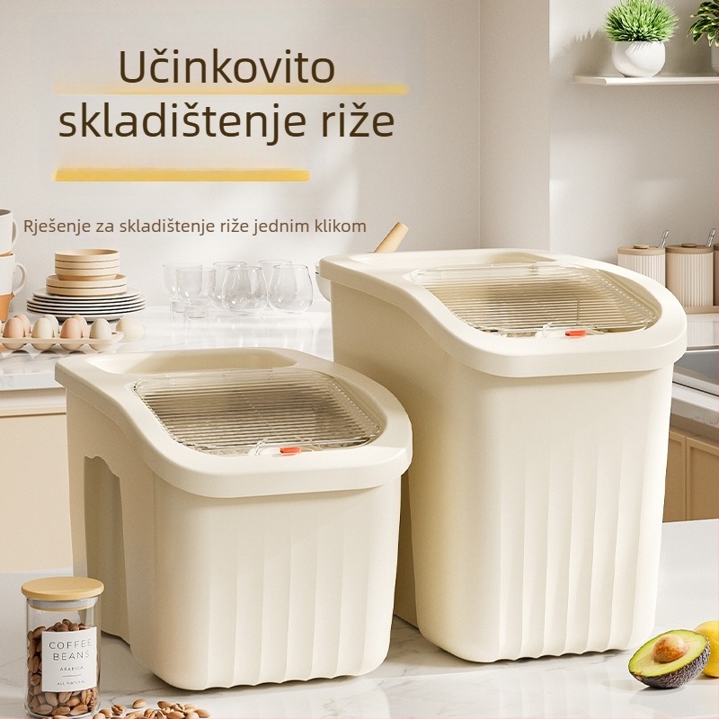 Kućna kutija za skladištenje riže — otporna na vlagu i štetnike; Materijal: PP plastika; Kapacitet 10 L ili više; Mogućnost tiskanja logotipa