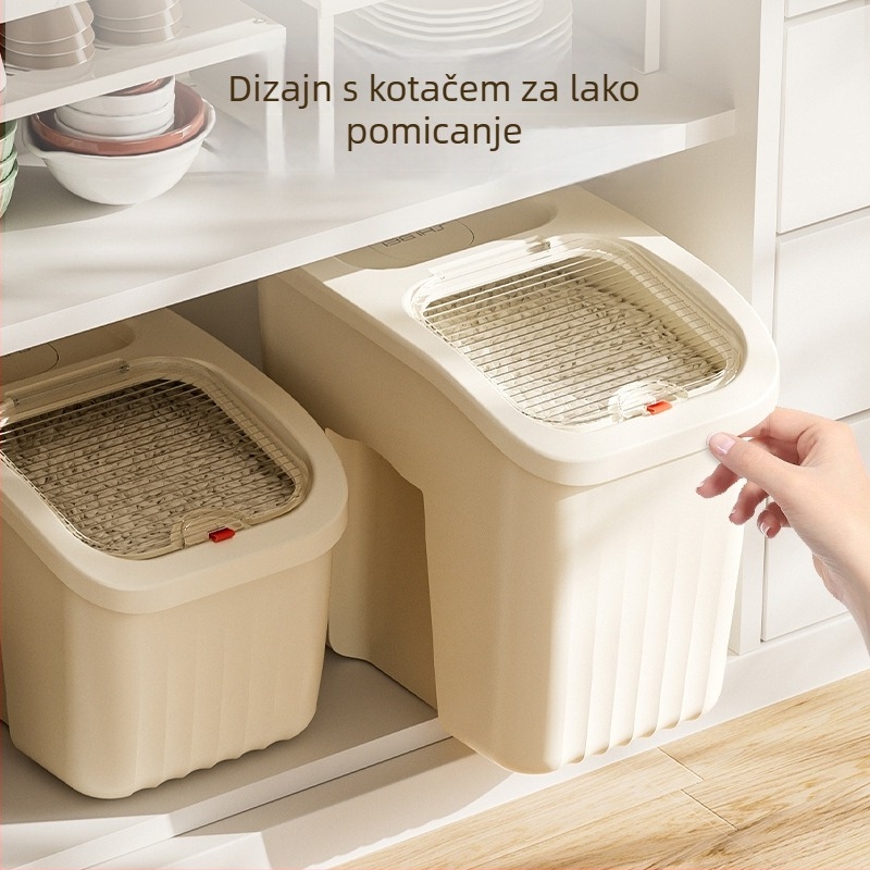 Kućna kutija za skladištenje riže — otporna na vlagu i štetnike; Materijal: PP plastika; Kapacitet 10 L ili više; Mogućnost tiskanja logotipa