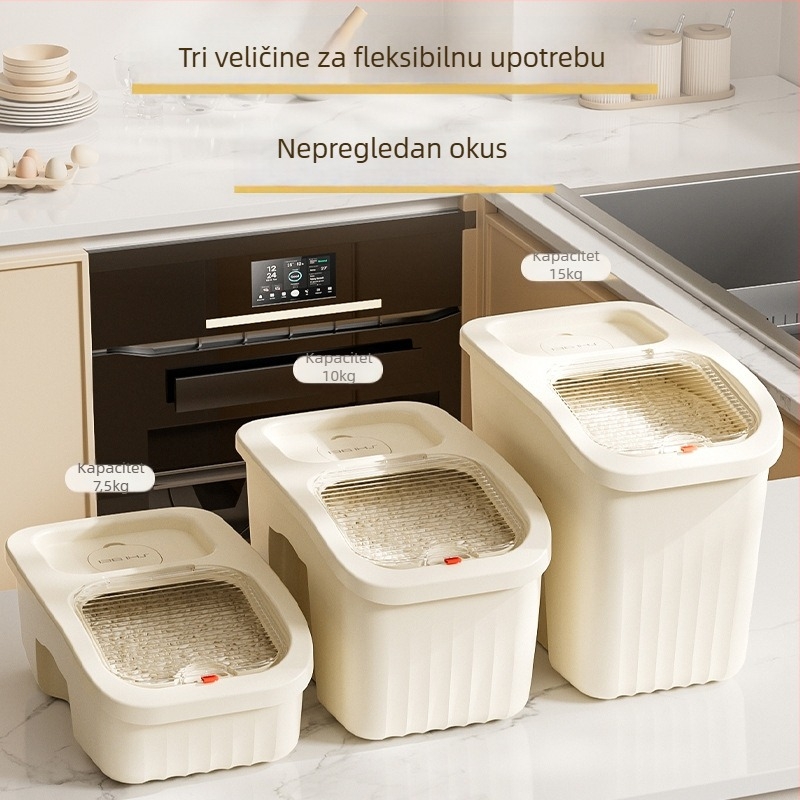 Kućna kutija za skladištenje riže — otporna na vlagu i štetnike; Materijal: PP plastika; Kapacitet 10 L ili više; Mogućnost tiskanja logotipa