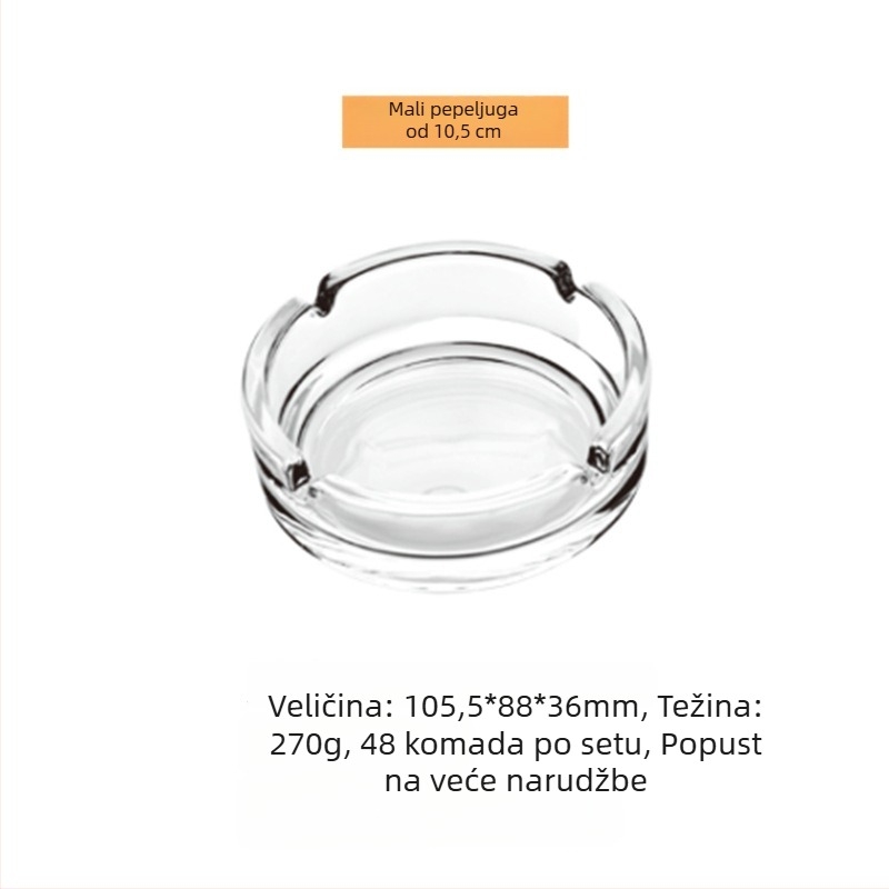 Staklena pepeljara, prozirna, s čvrstim tijelom; prostor za pohranu; ponovno upotrebljiva; mogućnost tiskanja logotipa; pogodna kao dar