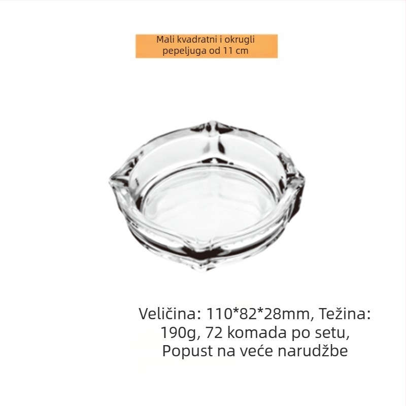 Staklena pepeljara, prozirna, s čvrstim tijelom; prostor za pohranu; ponovno upotrebljiva; mogućnost tiskanja logotipa; pogodna kao dar