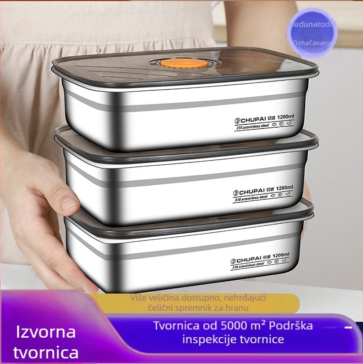 Kutija za obrok s poklopcem, od 316 nehrđajućeg čelika, pravokutnog oblika, čuva svježinu hrane, prehrambena kvaliteta, kapacitet 1-5 L