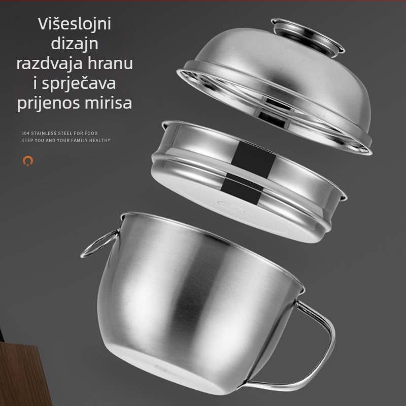 Kutija za ručak od 304 nehrđajućeg čelika, tri sloja, okrugla, s poklopcem