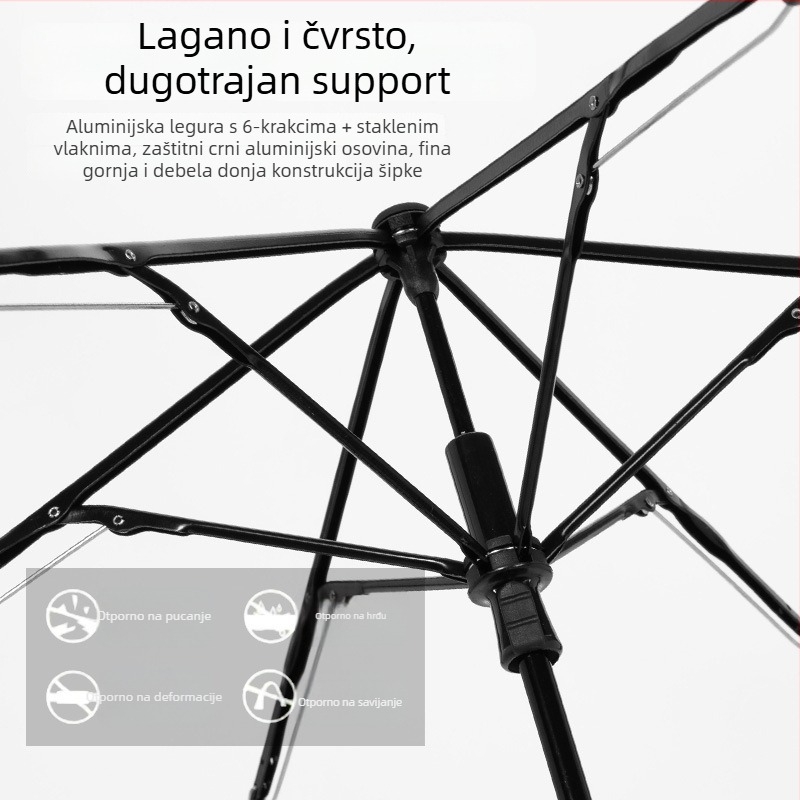 Sklopivi kišobran s 6 rebara od vlakna, aluminijska osovina, plastična ručka, ručno otvaranje/zatvaranje, UV zaštita UPF > 50