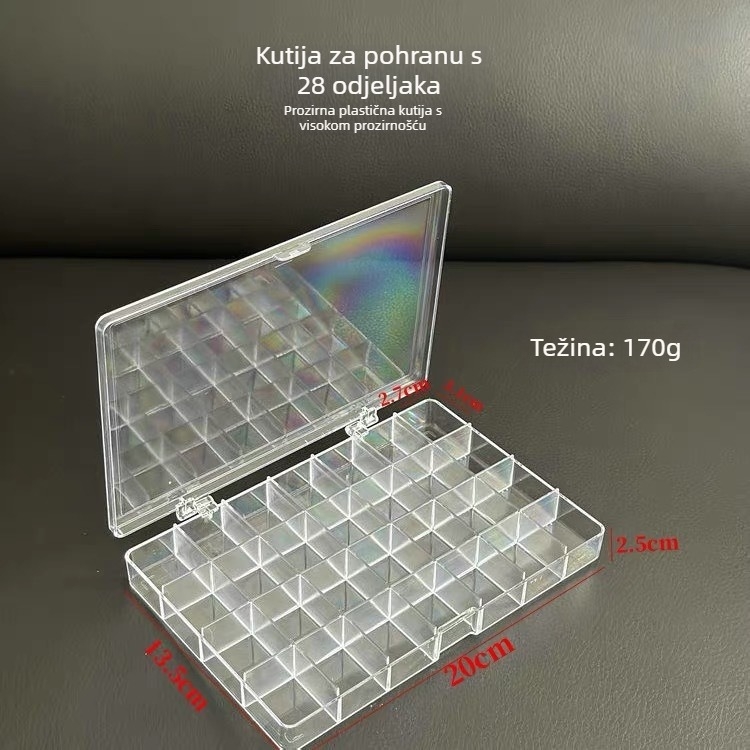 Kutija za stolnu pohranu s 28 pretinaca, prozirne fiksne pregrade, PS materijal, kapacitet 2 L, s poklopcem