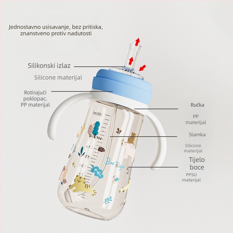 PPSU boca s širokim otvorom, tri namjene, zakrivljeni oblik s držačem, moguć tisk logotipa, 80/240/280 ml