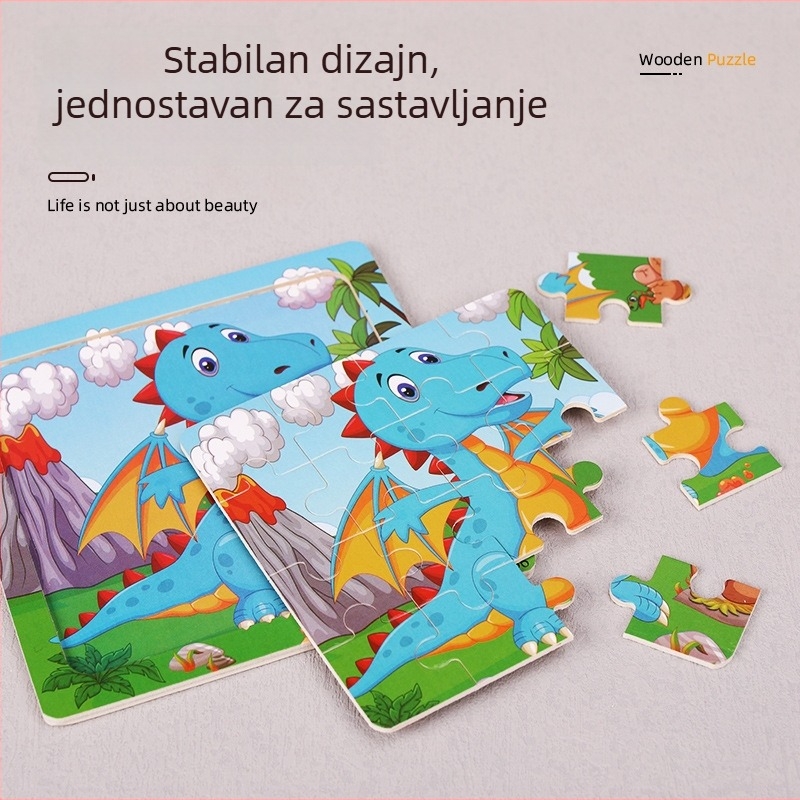 Drvena slagalica za djecu, 16 komada — životinje i dinosauri, ravna slagalica, za djecu 4-6 godina, DIY prilagodba prema crtežima, blister pakiranje