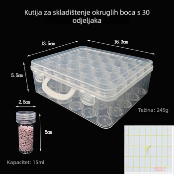 Plastična kutija za pohranu s 30 odjeljaka za kružne bočice, PP+PS, 1L, organizator s pretincima