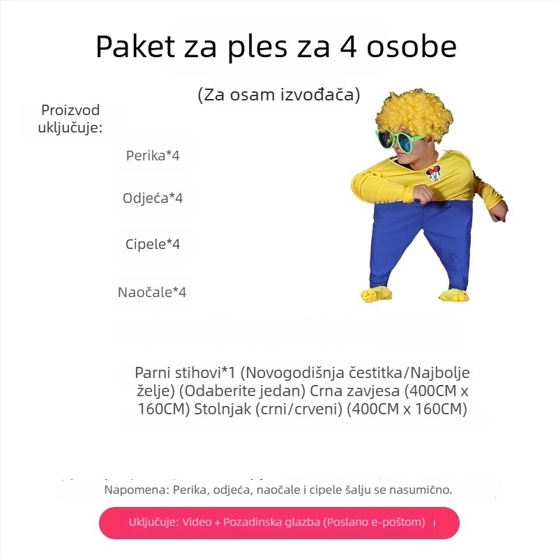 Cjelokupni set plesnih rekvizita za četvero talentiranih plesača uz kostime za scensko izvedbo, idealno za novogodišnji nastup.