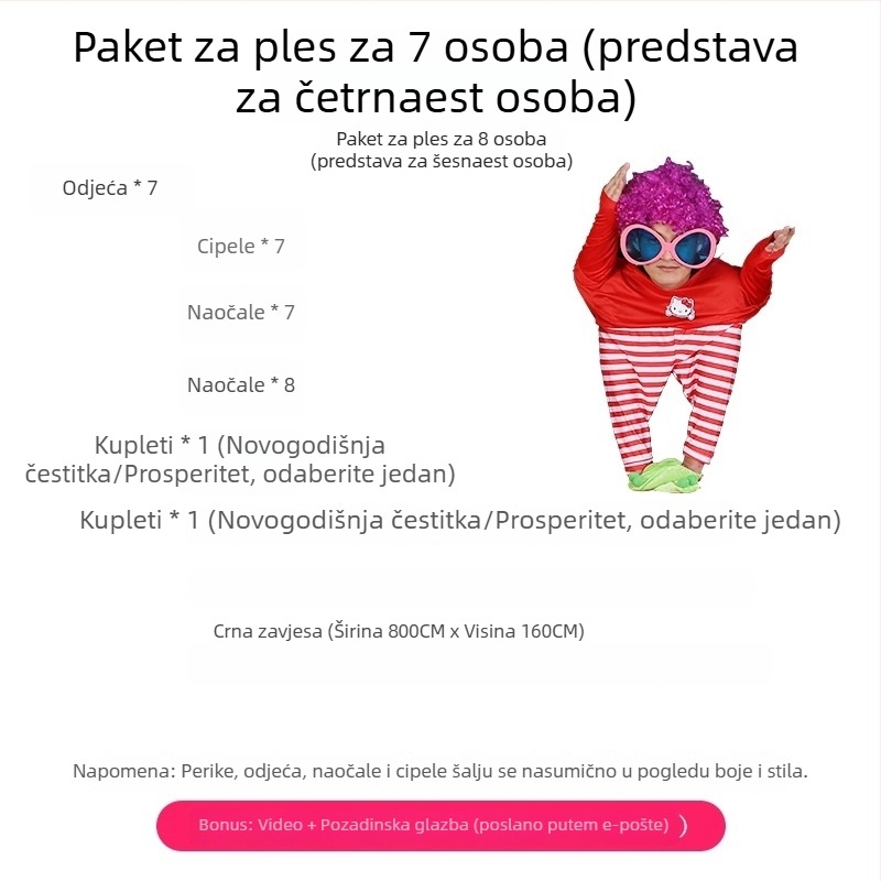 Cjelokupni set plesnih rekvizita za četvero talentiranih plesača uz kostime za scensko izvedbo, idealno za novogodišnji nastup.