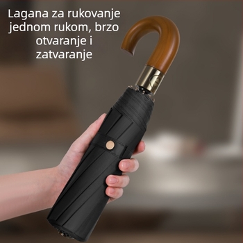 Sklopivi kišobran s zakrivljenom drvenom drškom, potpuno automatski poslovni kišobran, 10 rebara, tkanina 210T, moguć tisak logotipa