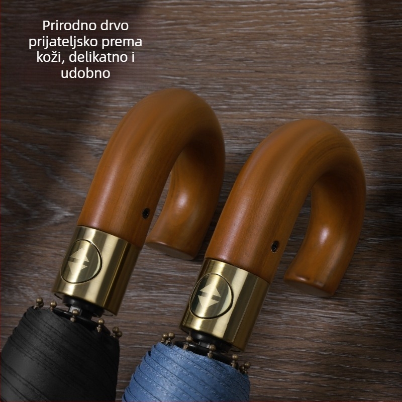 Sklopivi kišobran s zakrivljenom drvenom drškom, potpuno automatski poslovni kišobran, 10 rebara, tkanina 210T, moguć tisak logotipa