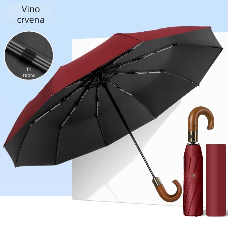 Sklopivi kišobran s zakrivljenom drvenom drškom, potpuno automatski poslovni kišobran, 10 rebara, tkanina 210T, moguć tisak logotipa