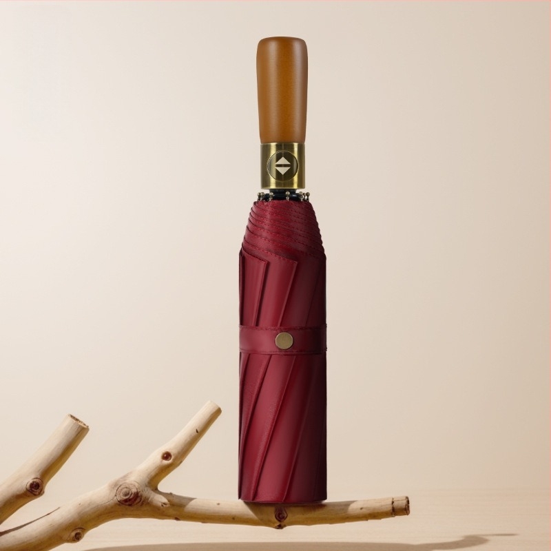 Sklopivi kišobran s zakrivljenom drvenom drškom, potpuno automatski poslovni kišobran, 10 rebara, tkanina 210T, moguć tisak logotipa