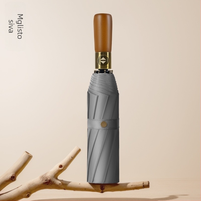 Sklopivi kišobran s zakrivljenom drvenom drškom, potpuno automatski poslovni kišobran, 10 rebara, tkanina 210T, moguć tisak logotipa