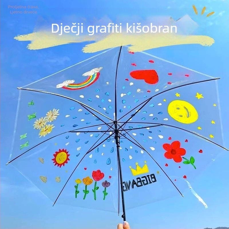 Prozirni dječji kišobran za DIY crtanje i ukrašavanje u razredu, PVC navlaka, čelični okvir s 8 rebara, ručno otvaranje i zatvaranje, plastična drška
