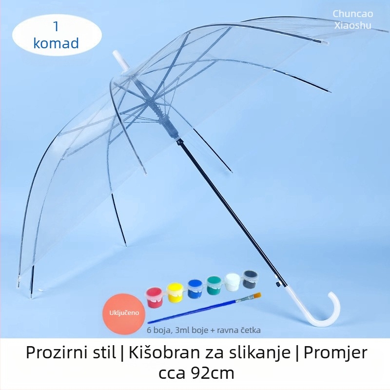 Prozirni dječji kišobran za DIY crtanje i ukrašavanje u razredu, PVC navlaka, čelični okvir s 8 rebara, ručno otvaranje i zatvaranje, plastična drška