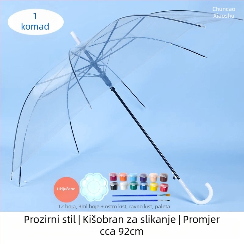 Prozirni dječji kišobran za DIY crtanje i ukrašavanje u razredu, PVC navlaka, čelični okvir s 8 rebara, ručno otvaranje i zatvaranje, plastična drška