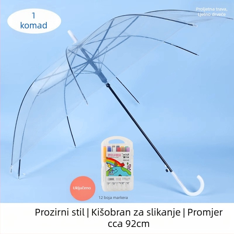 Prozirni dječji kišobran za DIY crtanje i ukrašavanje u razredu, PVC navlaka, čelični okvir s 8 rebara, ručno otvaranje i zatvaranje, plastična drška