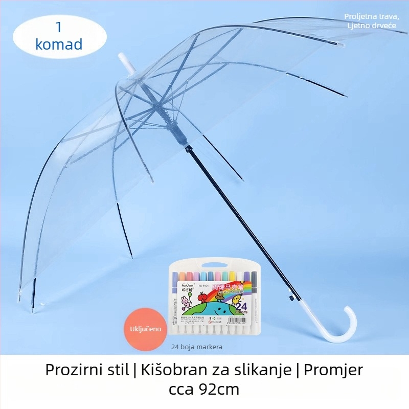 Prozirni dječji kišobran za DIY crtanje i ukrašavanje u razredu, PVC navlaka, čelični okvir s 8 rebara, ručno otvaranje i zatvaranje, plastična drška