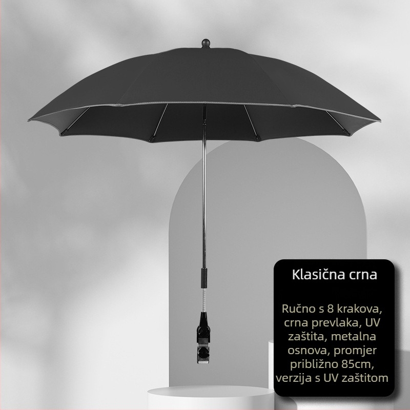 Nadžin za kolica s 8 rebara, okvir od čelika, UPF 50+ UV zaštita, ručno otvaranje i zatvaranje, duga drška, tkanina 210T sa srebrnim premazom