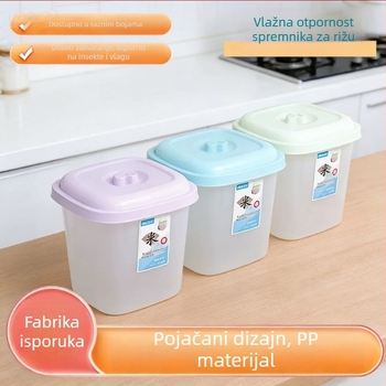 Spremnik za skladištenje riže – zatvoren, otporan na vlagu i štetnike; proziran PP plastični spremnik, kapacitet iznad 10 L za rižu i brašno