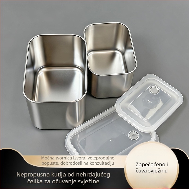 Kutija za hranu (304 nehrđajući čelik, kvadratna, s poklopcem, kapacitet 1–2 L, jednodijelna)