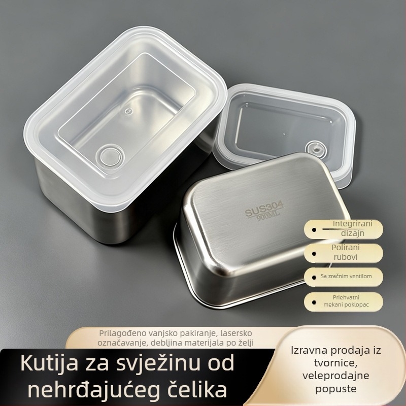 Kutija za hranu (304 nehrđajući čelik, kvadratna, s poklopcem, kapacitet 1–2 L, jednodijelna)
