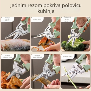 Kuhinjske škarice od nehrđajućeg čelika s oštricama za kosti; višenamjenski kuhinjski alat za ribu, povrće, pečeno meso i živinu, s ugrađenim skladištem.