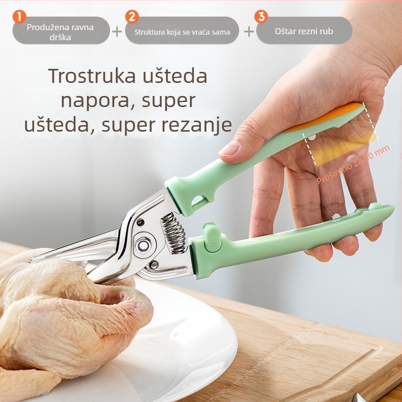 Kuhinjske škarice od nehrđajućeg čelika s oštricama za kosti; višenamjenski kuhinjski alat za ribu, povrće, pečeno meso i živinu, s ugrađenim skladištem.