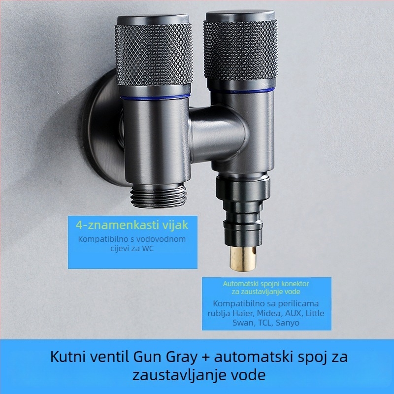 Kran za perilicu s jednim ulazom i dva izlaza, ugradbeni u zid, nehrđajući čelik, model T-tip, radni tlak <0,7 MPa, unutarnji promjer univerzalni 4 točke, tuš za WC, dvostruki vodeni razvodnik