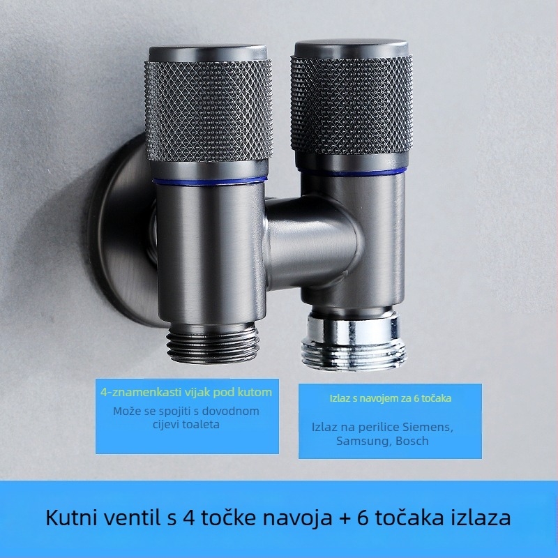 Kran za perilicu s jednim ulazom i dva izlaza, ugradbeni u zid, nehrđajući čelik, model T-tip, radni tlak <0,7 MPa, unutarnji promjer univerzalni 4 točke, tuš za WC, dvostruki vodeni razvodnik