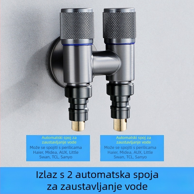 Kran za perilicu s jednim ulazom i dva izlaza, ugradbeni u zid, nehrđajući čelik, model T-tip, radni tlak <0,7 MPa, unutarnji promjer univerzalni 4 točke, tuš za WC, dvostruki vodeni razvodnik